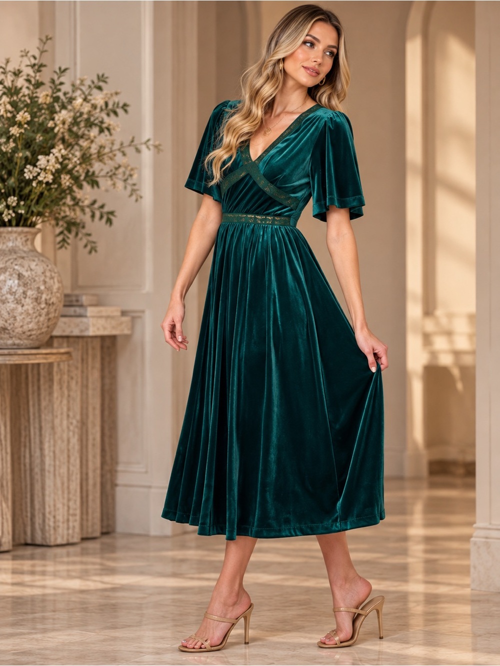 Green Velvet V Neck Lace Midi Dress - Picture 3 of 11